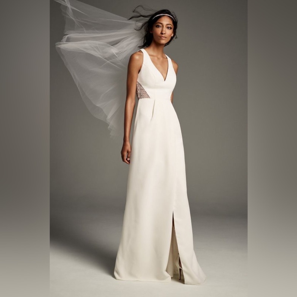 OPEN-BACK CADY SHEATH GOWN WITH ILLUSION SIDES WEDDING DRESS